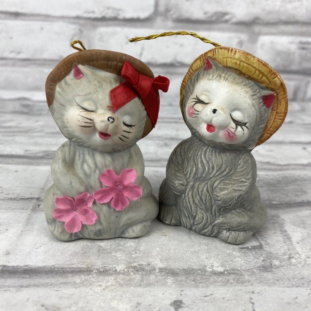 Giftco Porcelain Bell Ornament Anthropomorphic Gray Cats Set of 2